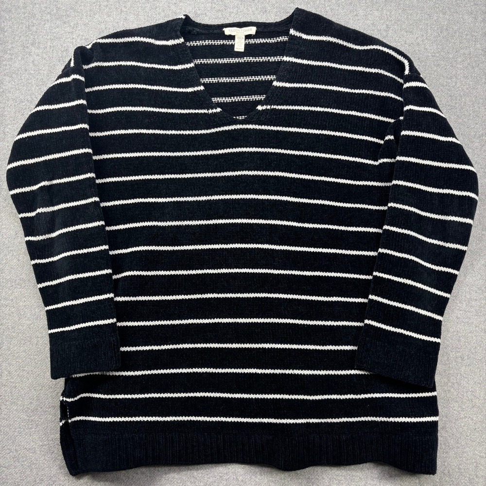 Eileen Fisher Striped V-neck Nautical Black Knit Chenille‎ Sweater XXS Petite